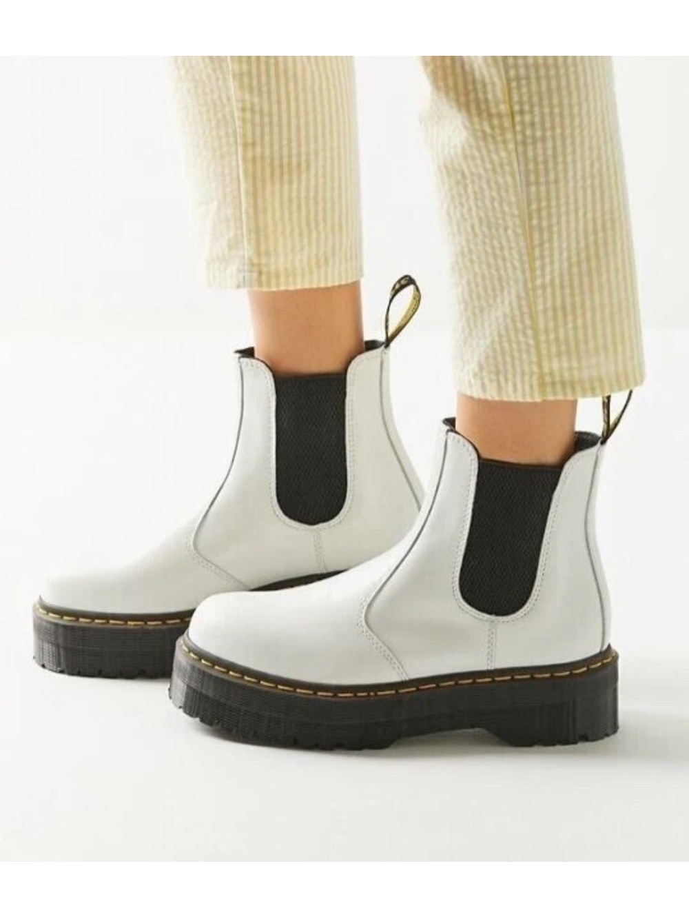 Dr. Martens White Platform Chelsea Boots with Black Elastic